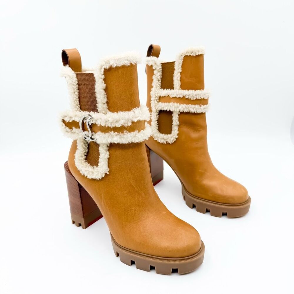 Christian Louboutin Chelsea Lug 100 Shearling High Heel Pull On Boots 37.5 - Picture 2 of 11